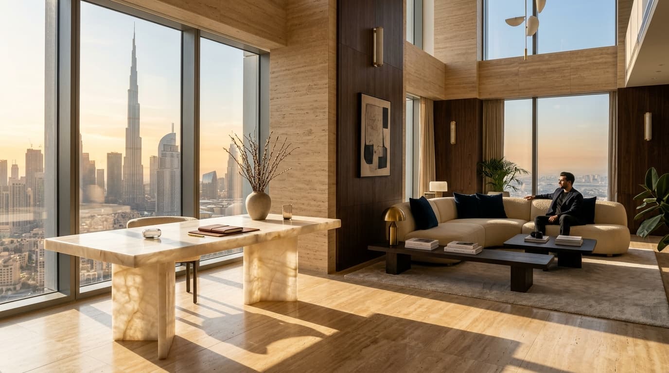 AK Digital Executive Studio in Dubai overlooking Downtown Skyline at Golden Hour